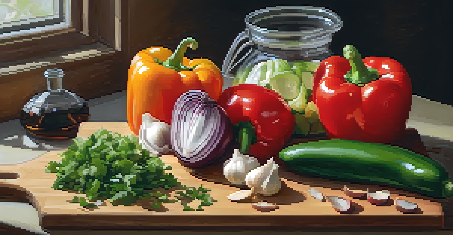 Chopped vegetables and a knife on a cutting board, with olive oil in a bowl, illuminated by natural light.