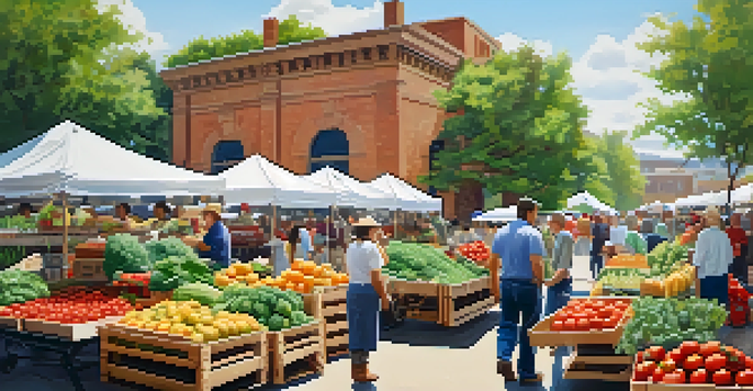 A lively farmer's market filled with fresh fruits and vegetables, people shopping, and greenery in the background.