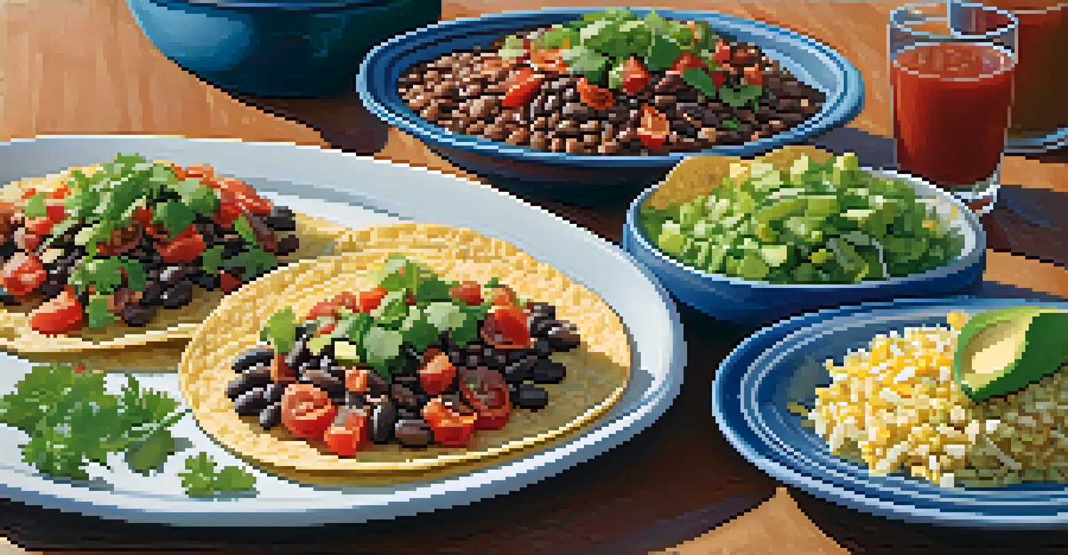 A dining table with a platter of bean tacos and various toppings, warmly lit for a cozy meal setting.