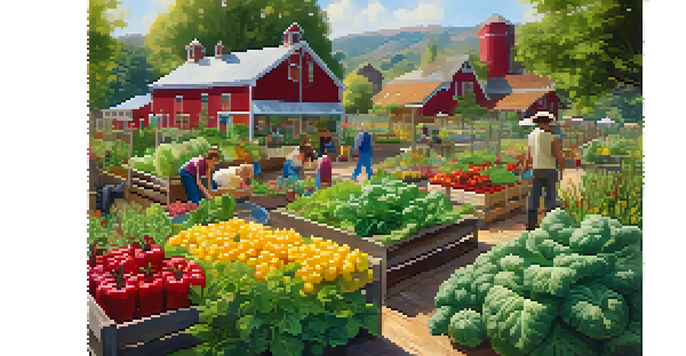 A community garden filled with diverse vegetables and herbs, with people caring for the plants under warm sunlight.