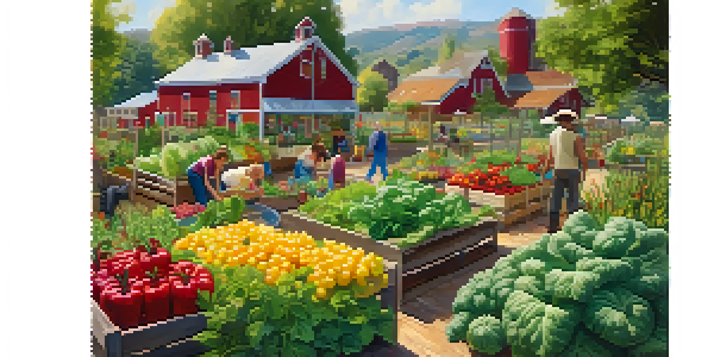 A community garden filled with diverse vegetables and herbs, with people caring for the plants under warm sunlight.