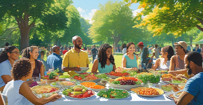 A diverse group of people enjoying a community potluck with a variety of vegetarian dishes in a sunny park.