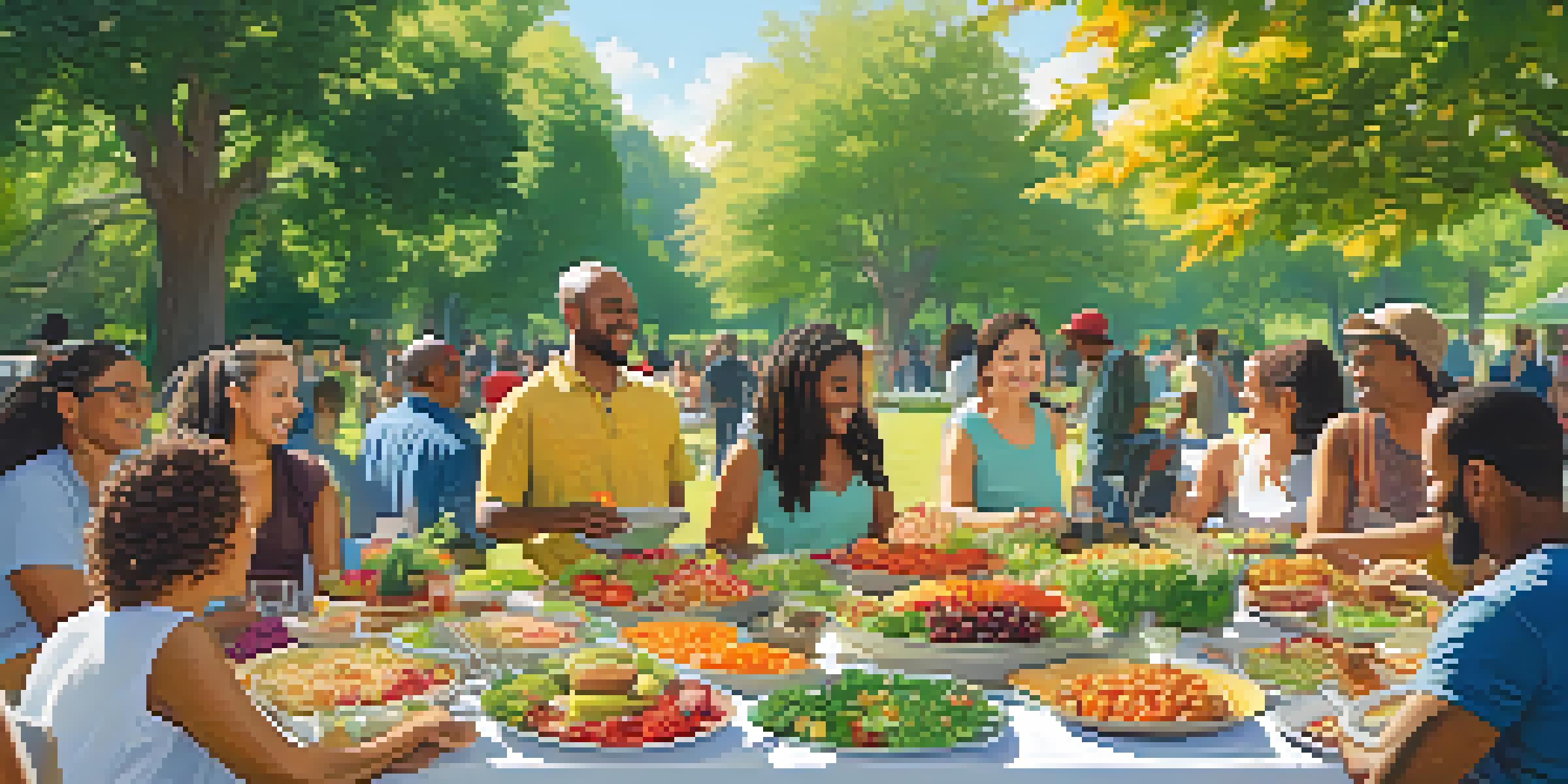 A diverse group of people enjoying a community potluck with a variety of vegetarian dishes in a sunny park.