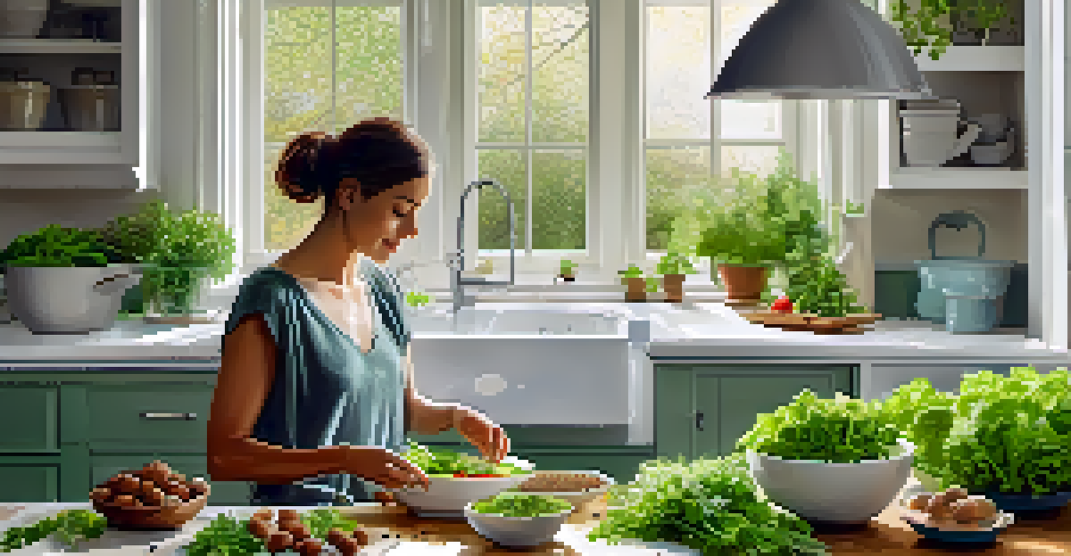 A person preparing a salad in a bright kitchen, sprinkling walnuts and chia seeds over greens, with herbs on the counter and sunlight streaming in.