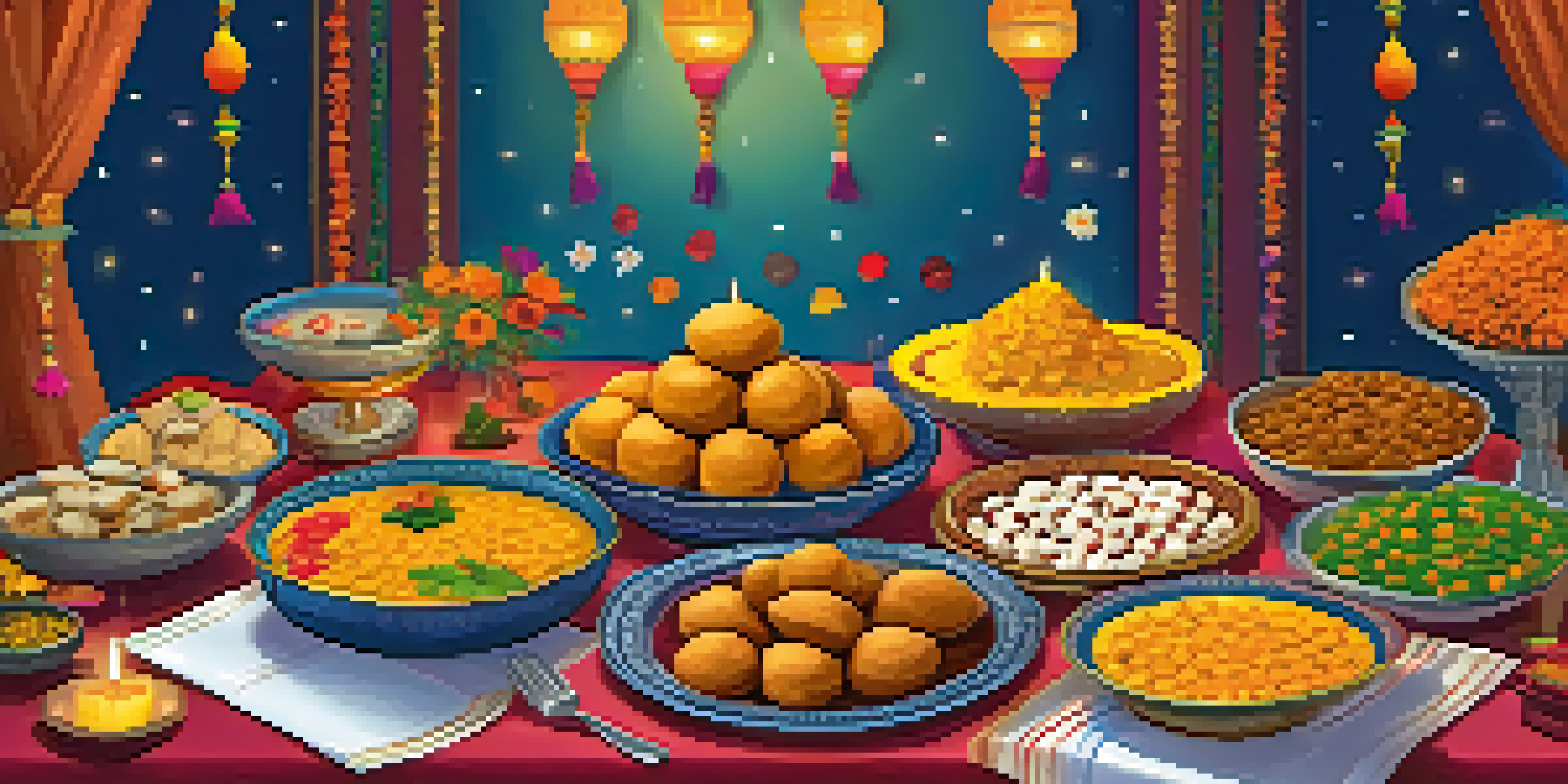 A festive dining table set for Diwali, showcasing a variety of vegetarian dishes and decorations.