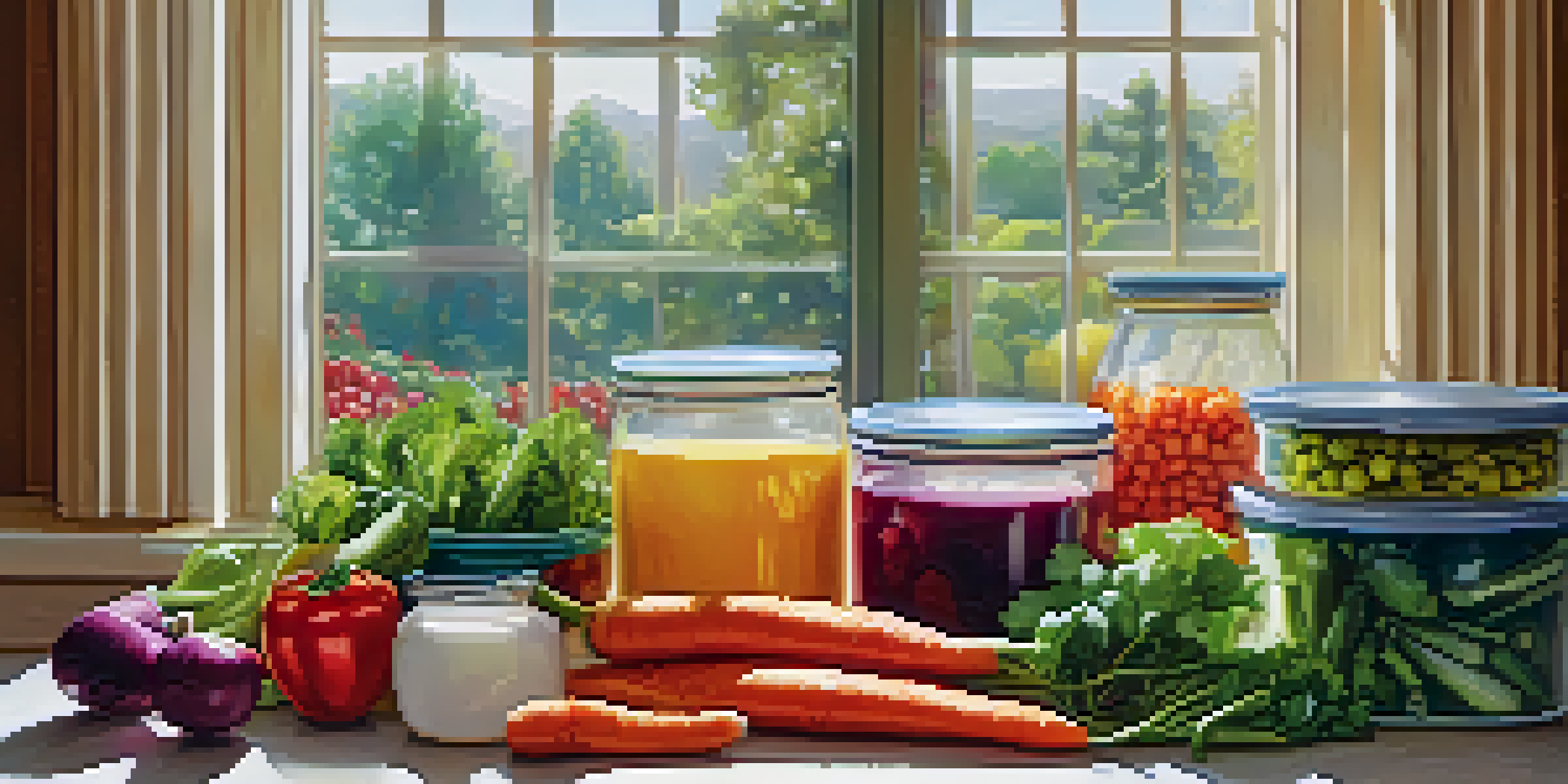 A bright kitchen showing colorful vegetables on a cutting board, with a fridge in the background containing labeled containers for food storage.