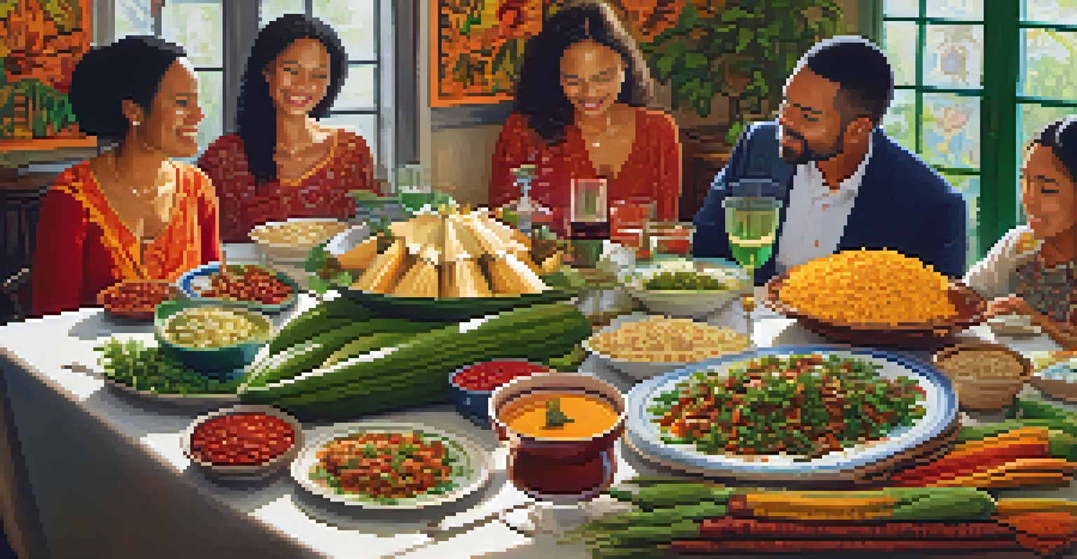 A family gathering with a beautifully arranged vegetarian feast including traditional Latin American dishes.