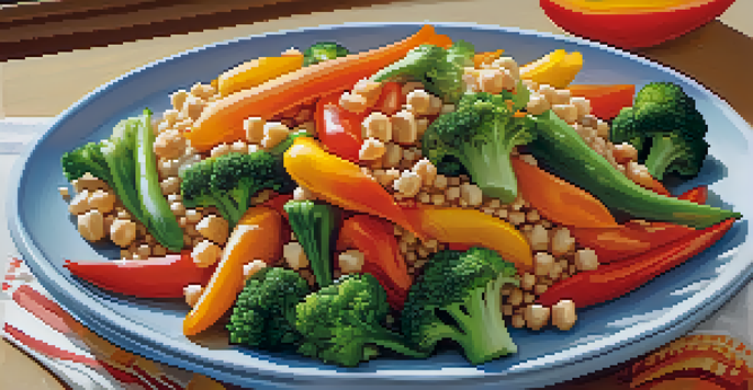 A colorful vegetarian stir-fry with bell peppers, broccoli, and carrots on a white plate, accompanied by brown rice and chickpeas, with a sunny kitchen background.