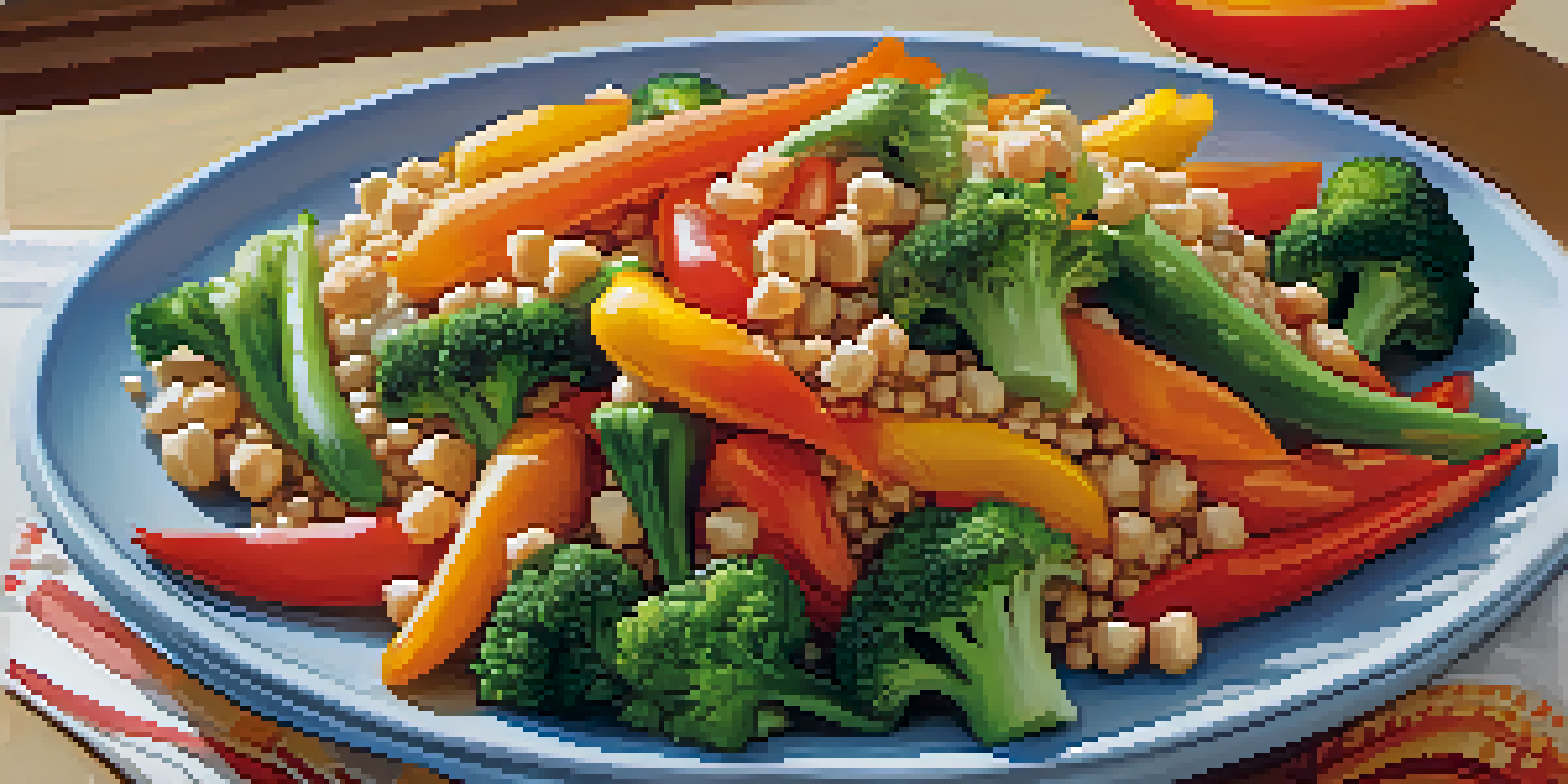 A colorful vegetarian stir-fry with bell peppers, broccoli, and carrots on a white plate, accompanied by brown rice and chickpeas, with a sunny kitchen background.