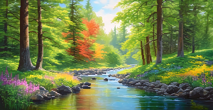 A tranquil forest with green trees, colorful wildflowers, and a stream, representing the beauty of nature.