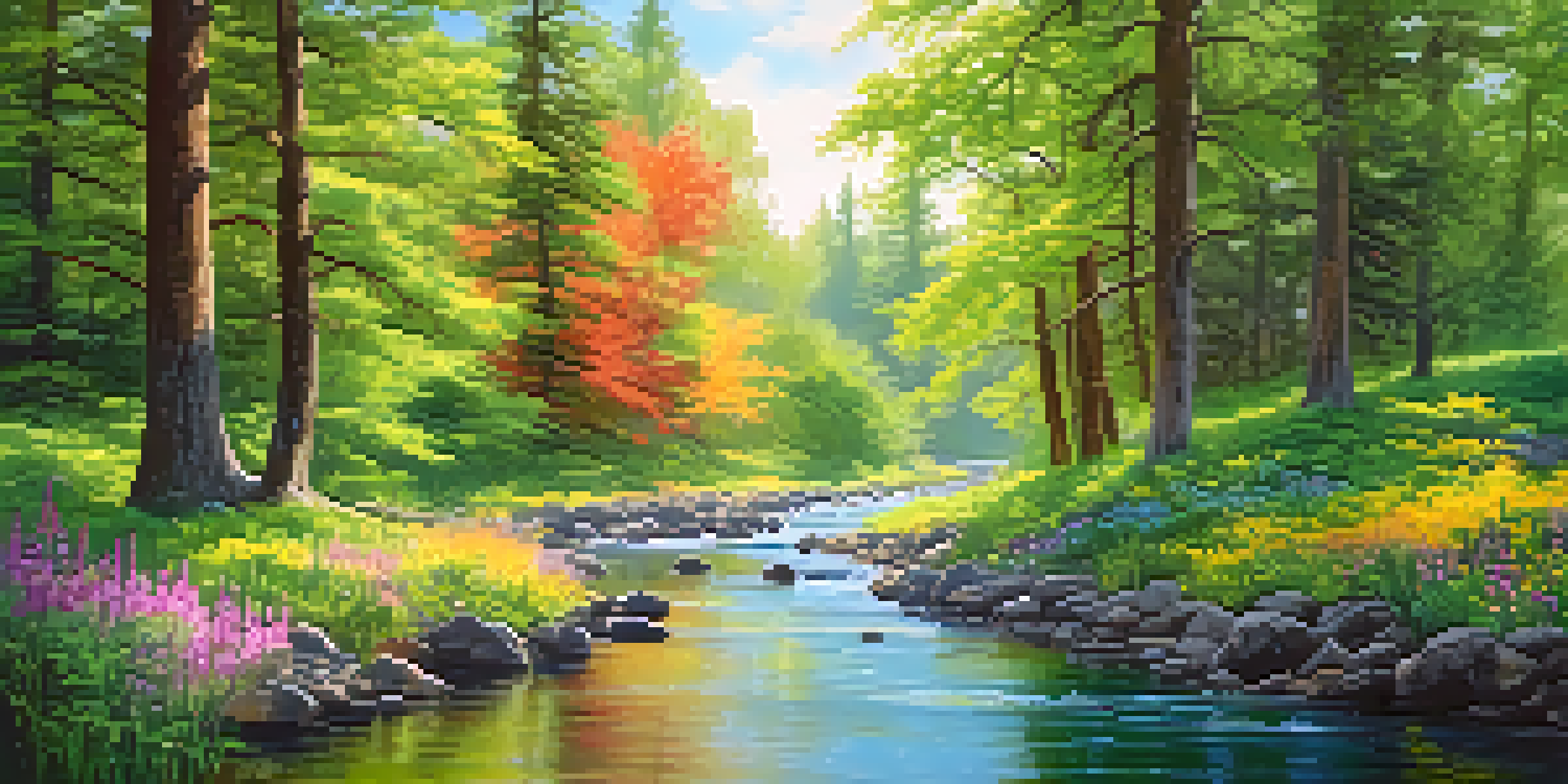A tranquil forest with green trees, colorful wildflowers, and a stream, representing the beauty of nature.