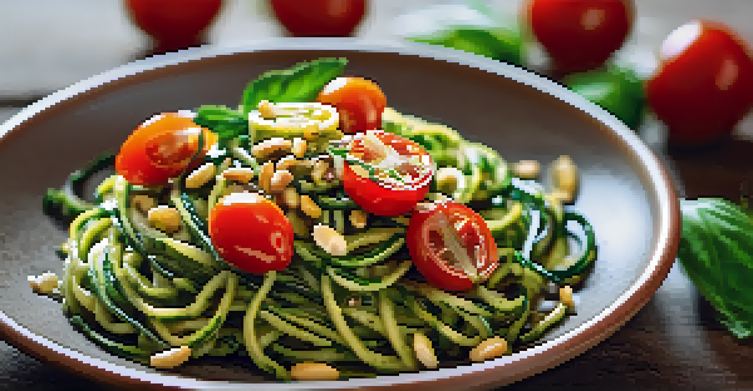 A plate of zucchini noodles with pesto and cherry tomatoes.