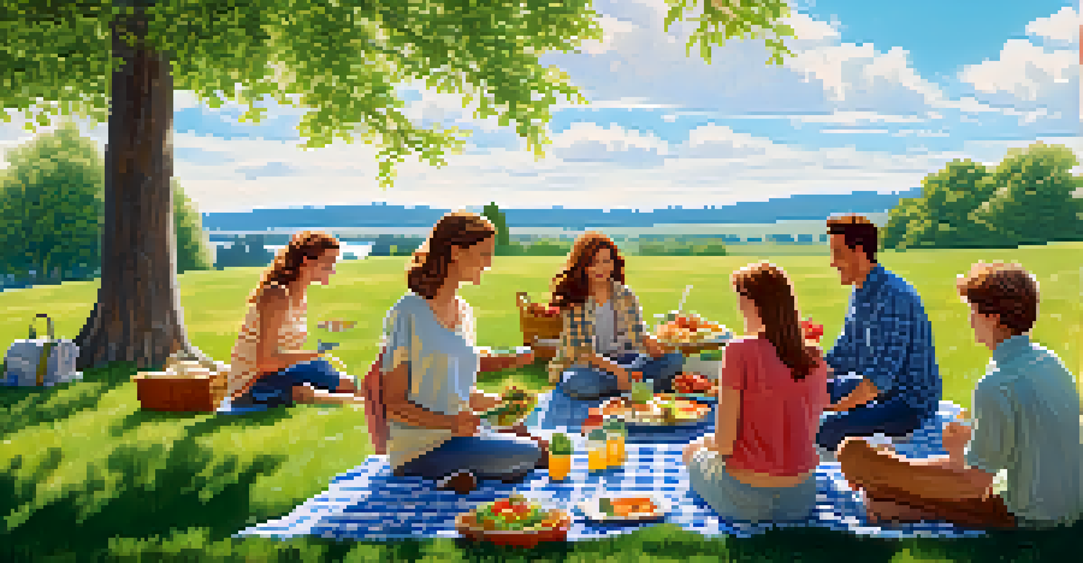 A group of friends enjoying a vegetarian picnic on a sunny day, surrounded by plant-based dishes on a checkered blanket.
