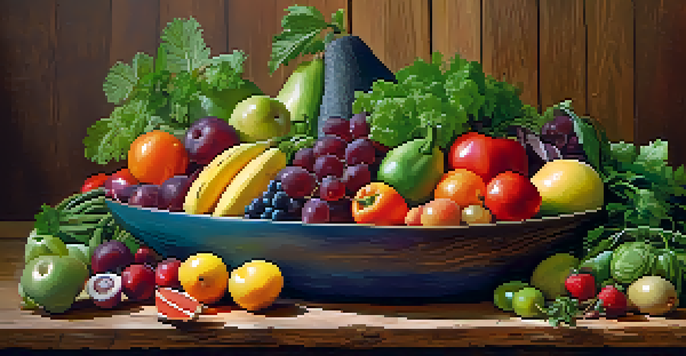 A bright and colorful assortment of raw fruits and vegetables arranged on a wooden table, illuminated by natural light.