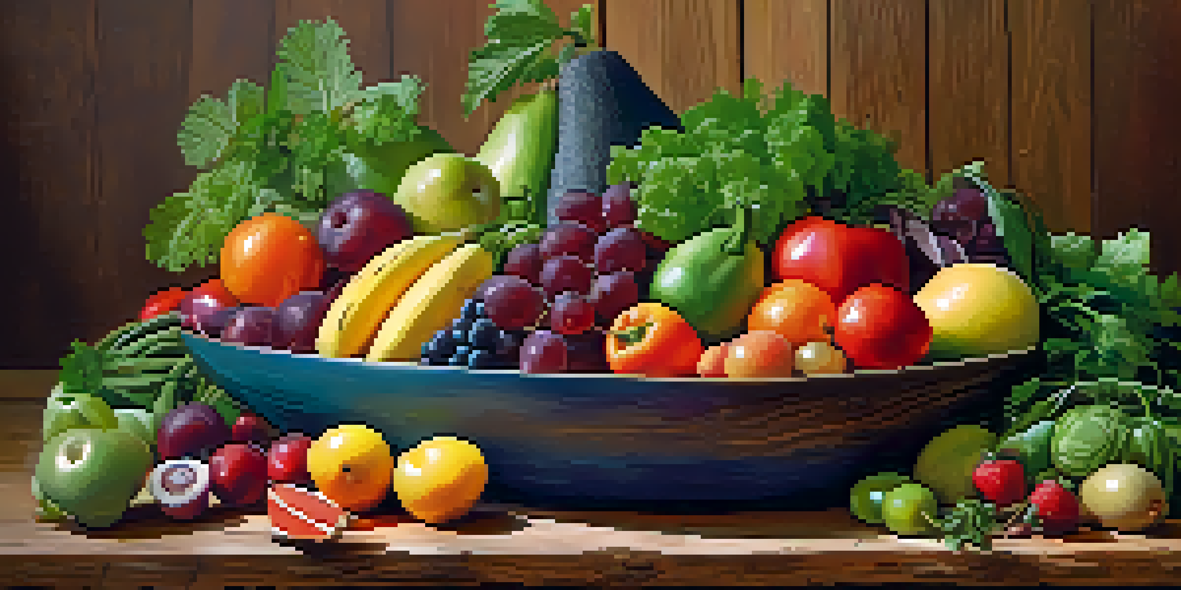A bright and colorful assortment of raw fruits and vegetables arranged on a wooden table, illuminated by natural light.