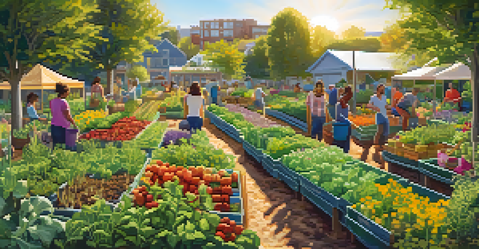 A lively community garden with diverse people planting vegetables and flowers, symbolizing collaboration and sustainability.