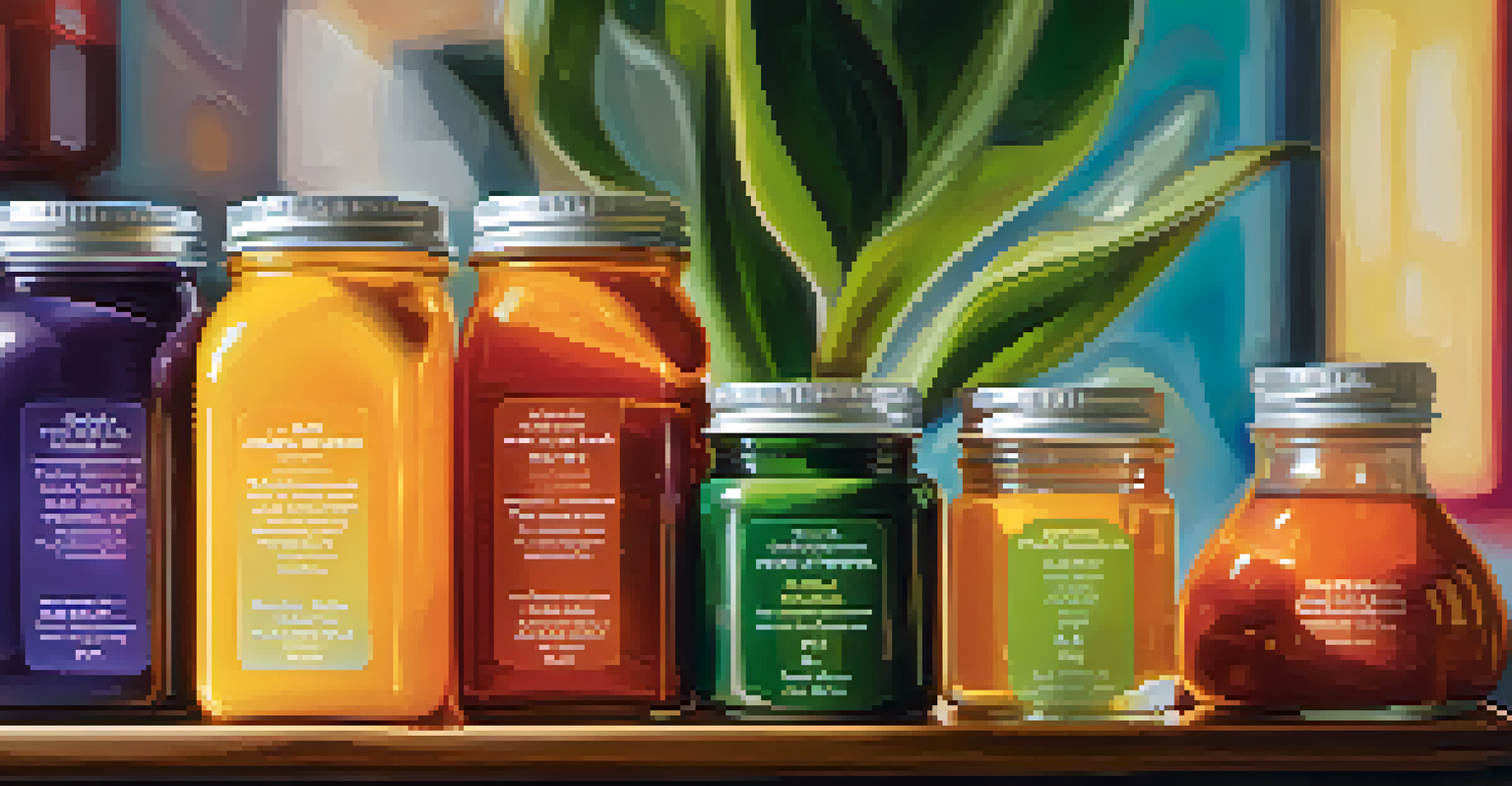 Colorful glass containers of different plant-based sweeteners against a blurred background, highlighting their vibrant colors.