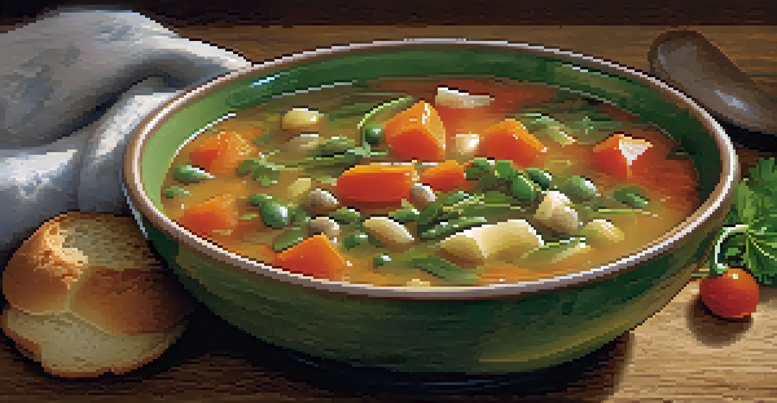 A bowl of colorful vegetable soup with seasonal vegetables and a slice of crusty bread on the side.