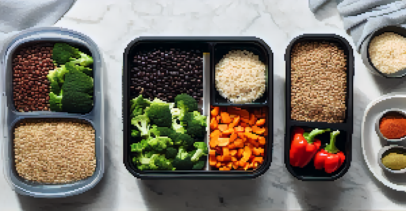 An organized meal prep display with grains, legumes, and vegetables on a marble countertop.