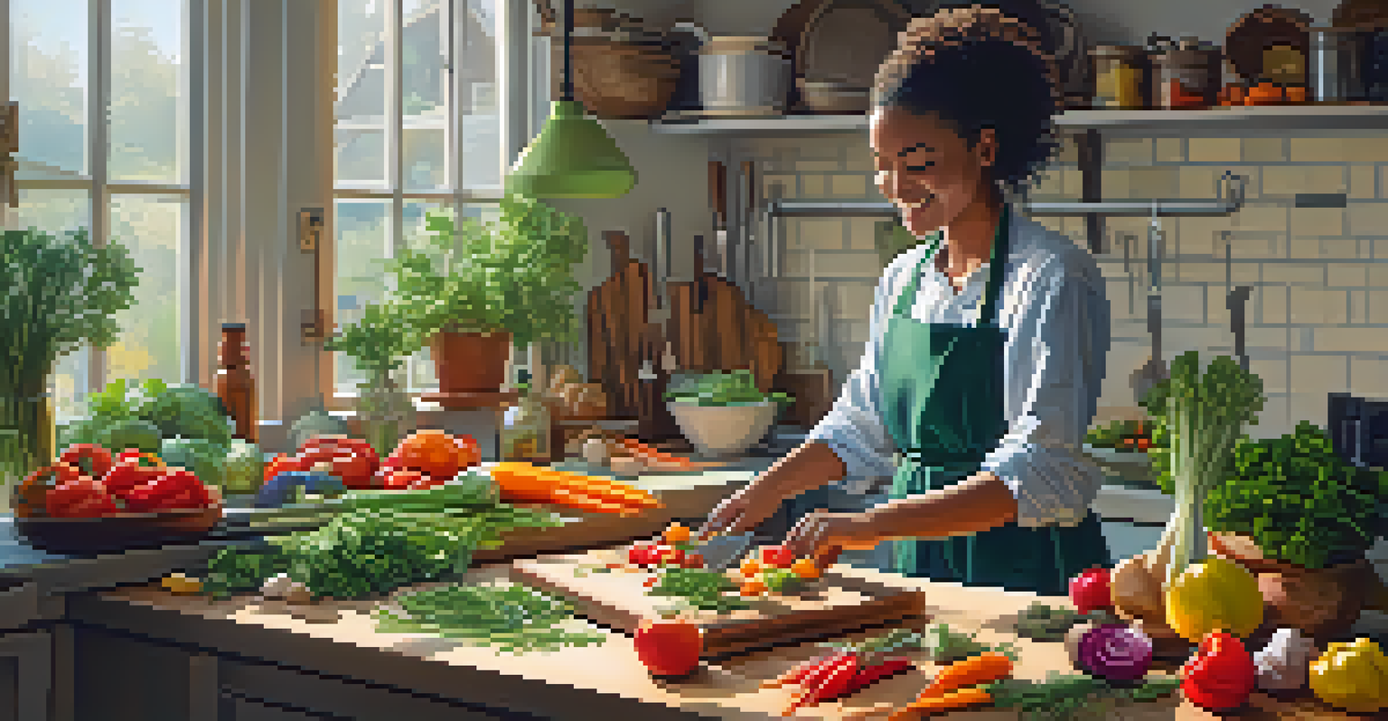 A person chopping colorful vegetables in a well-lit kitchen, surrounded by fresh herbs and spices, conveying a lively cooking scene.