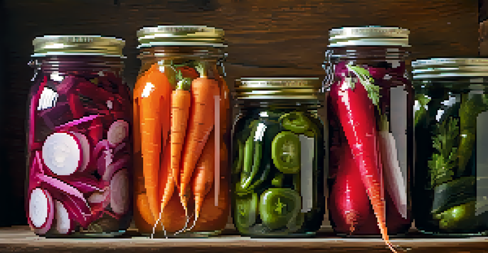 Close-up view of colorful pickled vegetables in glass jars, including carrots, radishes, and jalapeños, illuminated by soft natural light.