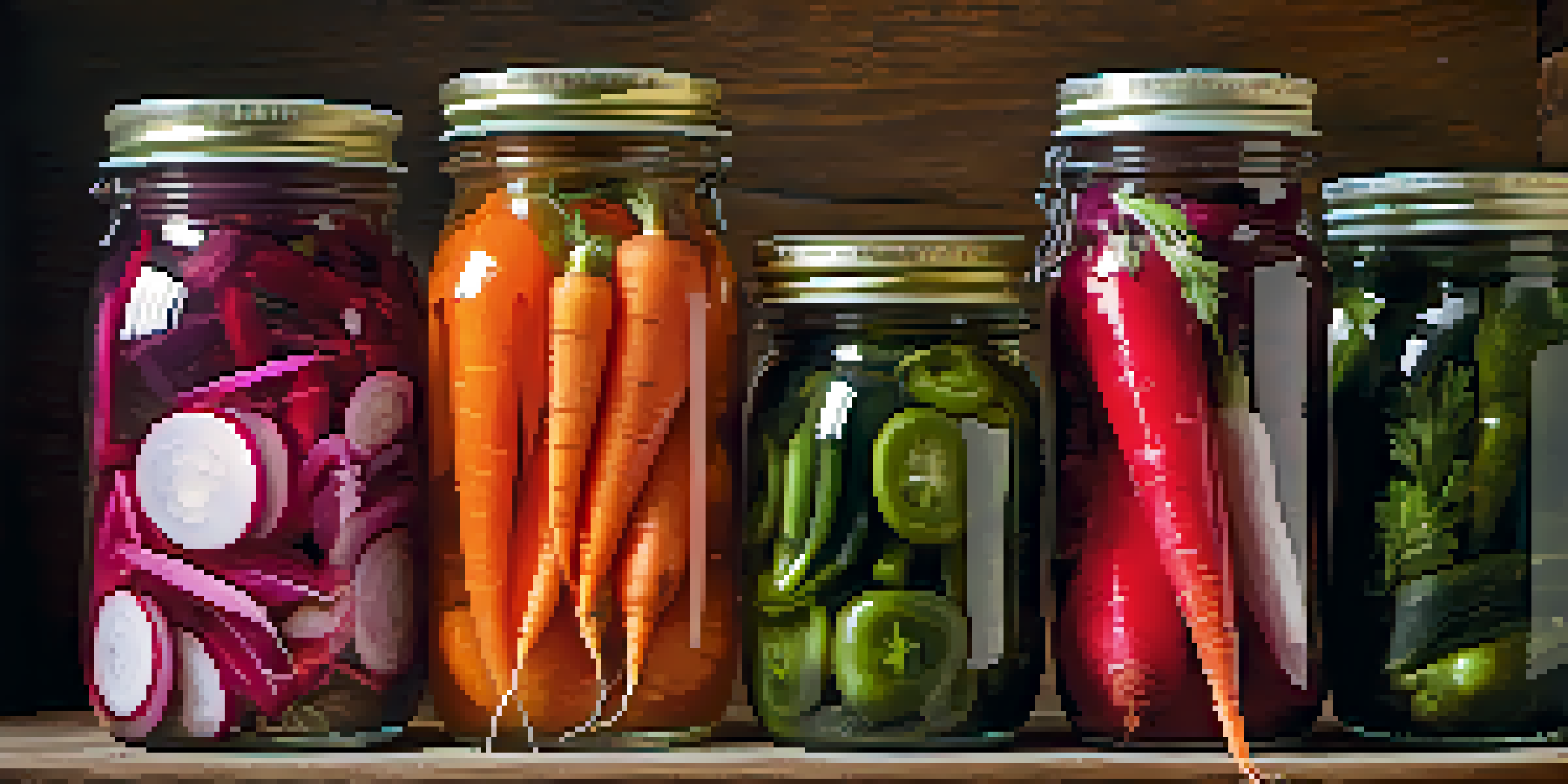Close-up view of colorful pickled vegetables in glass jars, including carrots, radishes, and jalapeños, illuminated by soft natural light.