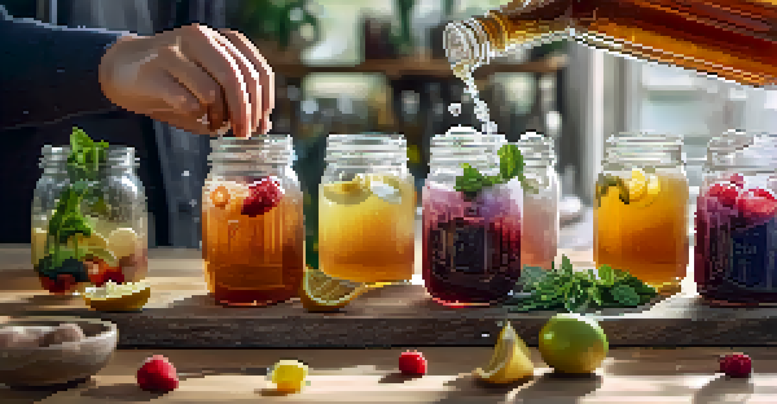 A close-up of a hand pouring a glass of homemade kombucha, with bubbling effervescence and jars of fruits in the background.