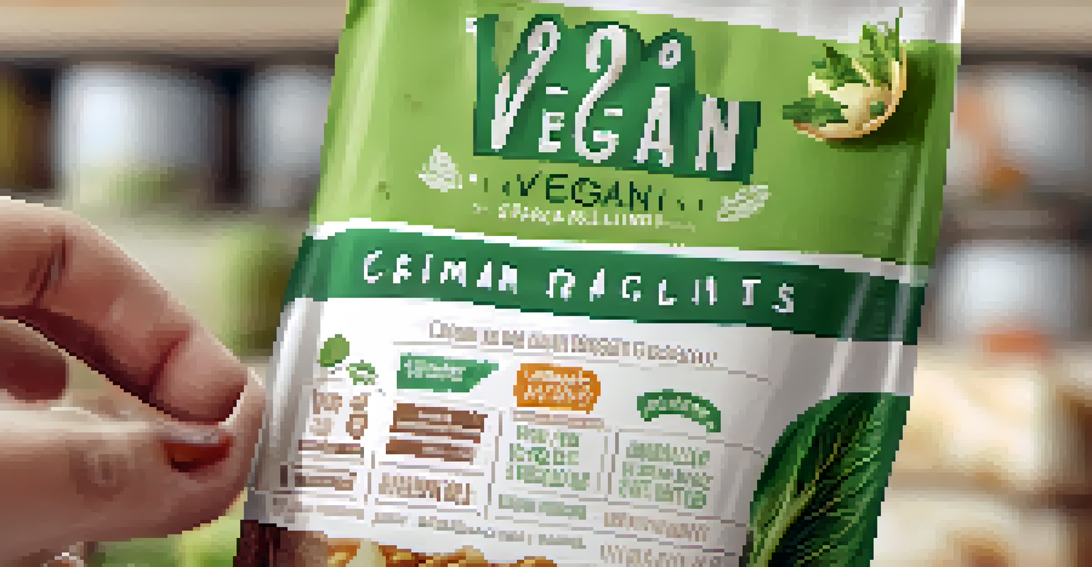 A close-up of a vegan snack label with '100% Vegan' text, surrounded by a blurred background and a hand reaching for it.