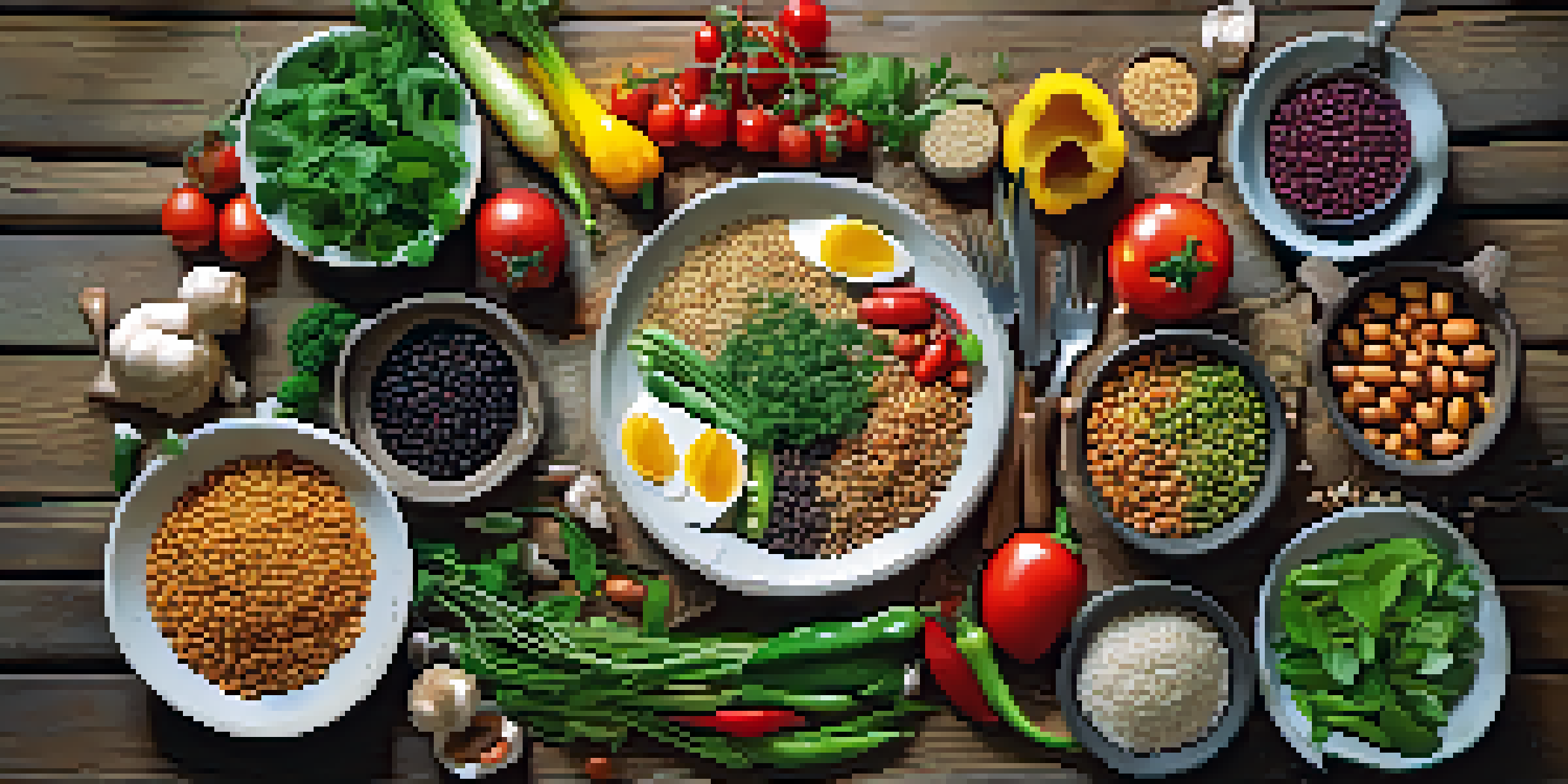 A colorful vegetarian meal with fresh vegetables, grains, and legumes arranged on a wooden table under soft natural light.