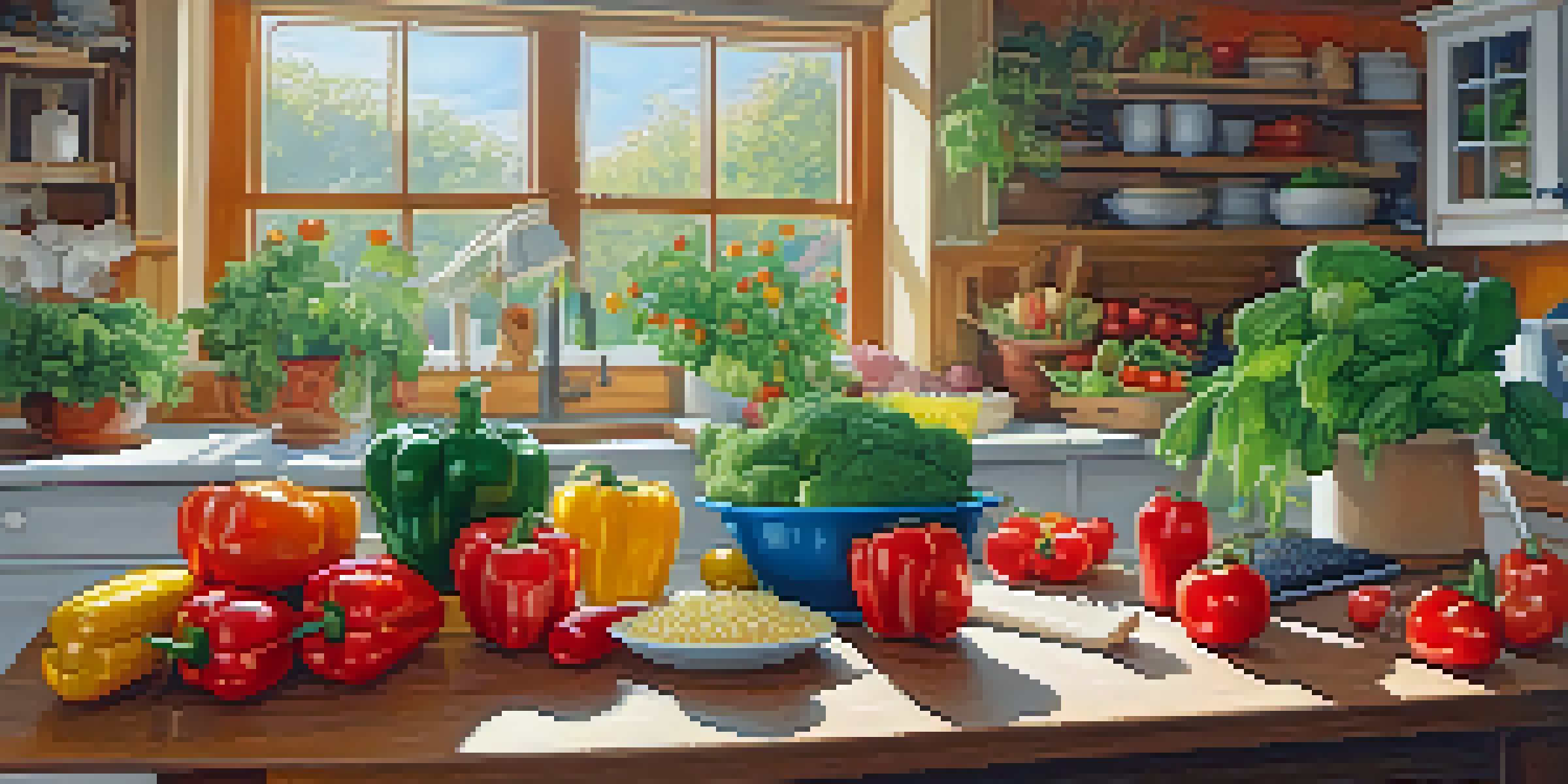 A bright kitchen with a table full of fresh vegetables and a person chopping ingredients, while a laptop shows a Facebook Group page for vegetarian recipes.