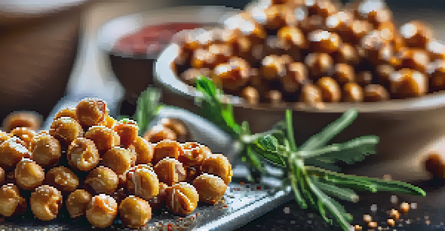 Crispy roasted chickpeas on a baking tray with spices in a warm kitchen setting.
