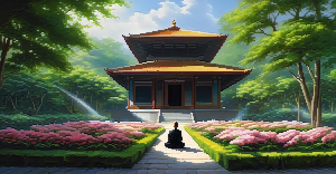 A peaceful Buddhist monk meditating in a lush green temple garden, with sunlight filtering through the trees and colorful flowers in bloom.