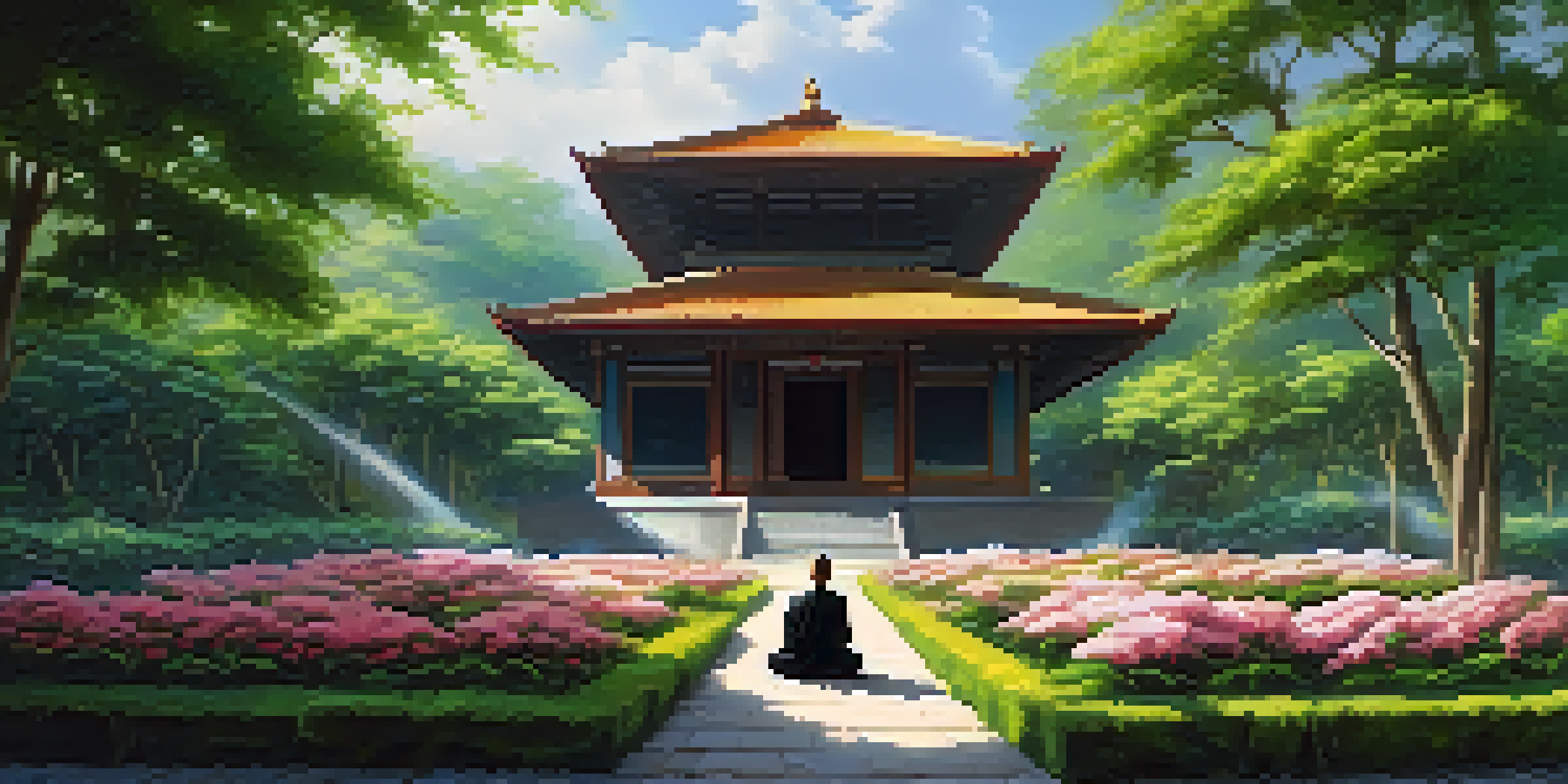 A peaceful Buddhist monk meditating in a lush green temple garden, with sunlight filtering through the trees and colorful flowers in bloom.