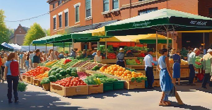 A lively farmer's market filled with colorful fruits and vegetables, with people shopping under the sunlight.