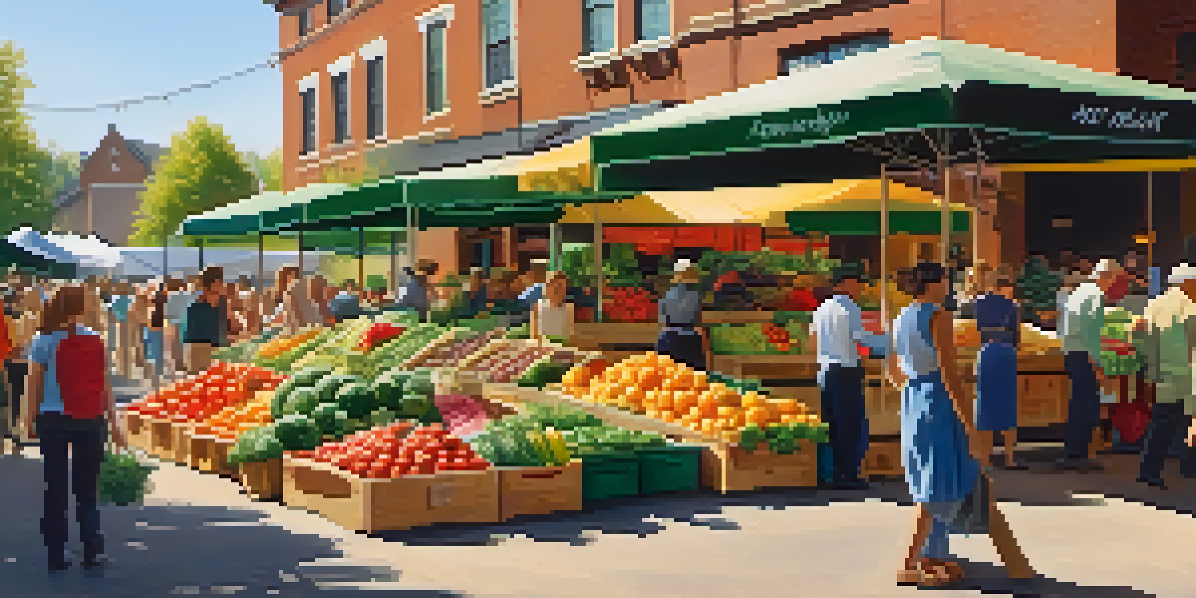 A lively farmer's market filled with colorful fruits and vegetables, with people shopping under the sunlight.