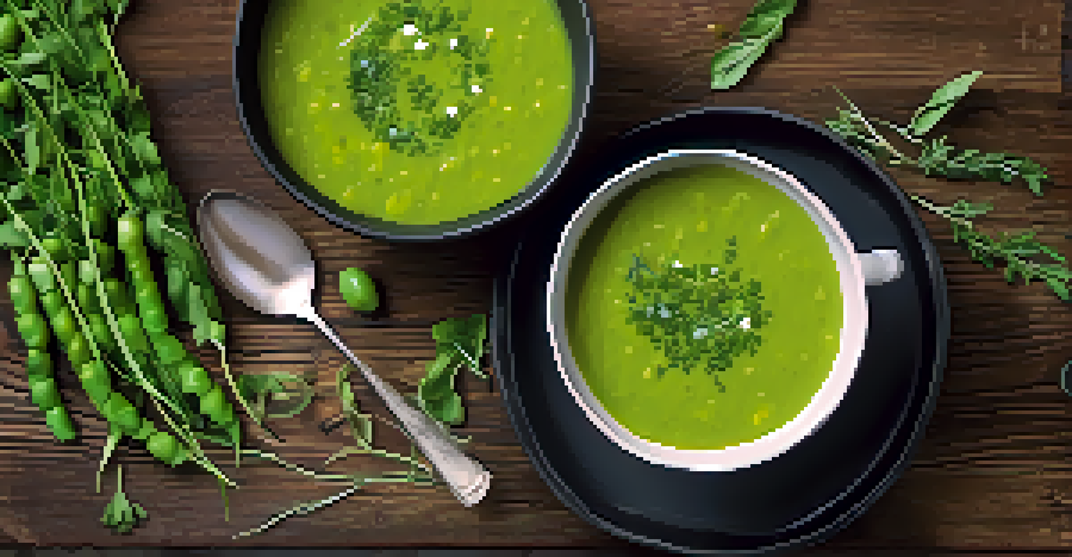 A close-up of creamy spring pea soup in a bowl, garnished with herbs and olive oil, on a wooden table.