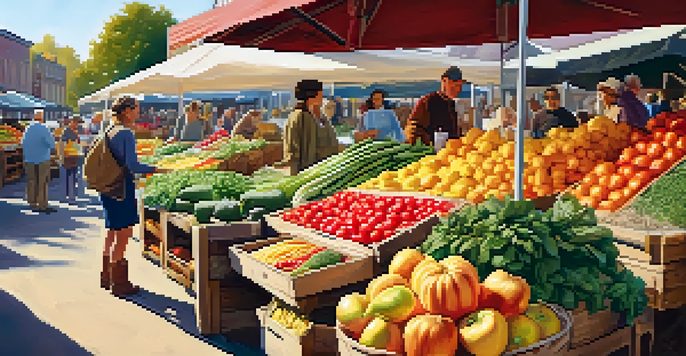 A lively farmers' market filled with colorful fruits and vegetables under warm sunlight, with farmers engaging with customers.