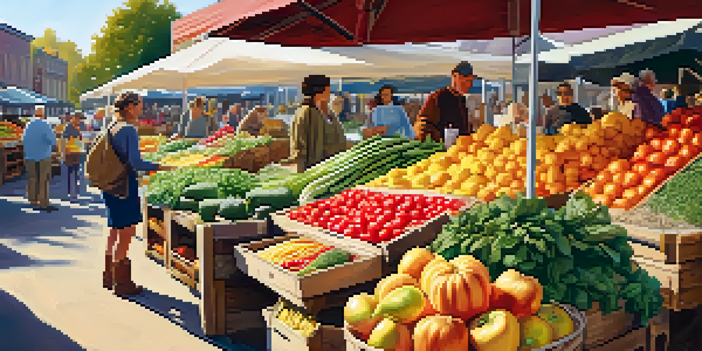 A lively farmers' market filled with colorful fruits and vegetables under warm sunlight, with farmers engaging with customers.