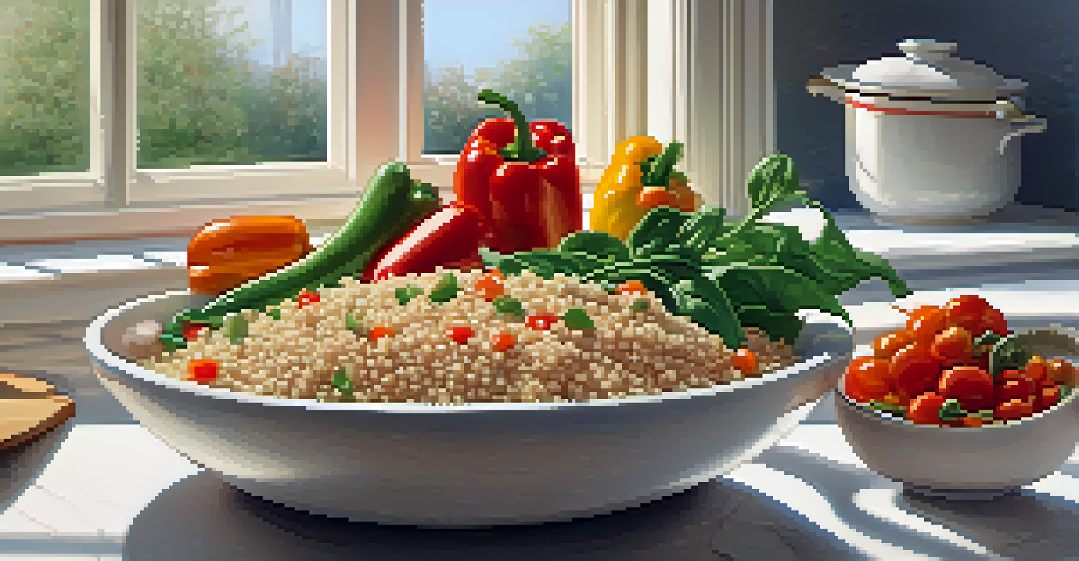 A bowl of quinoa topped with colorful vegetables on a marble countertop.