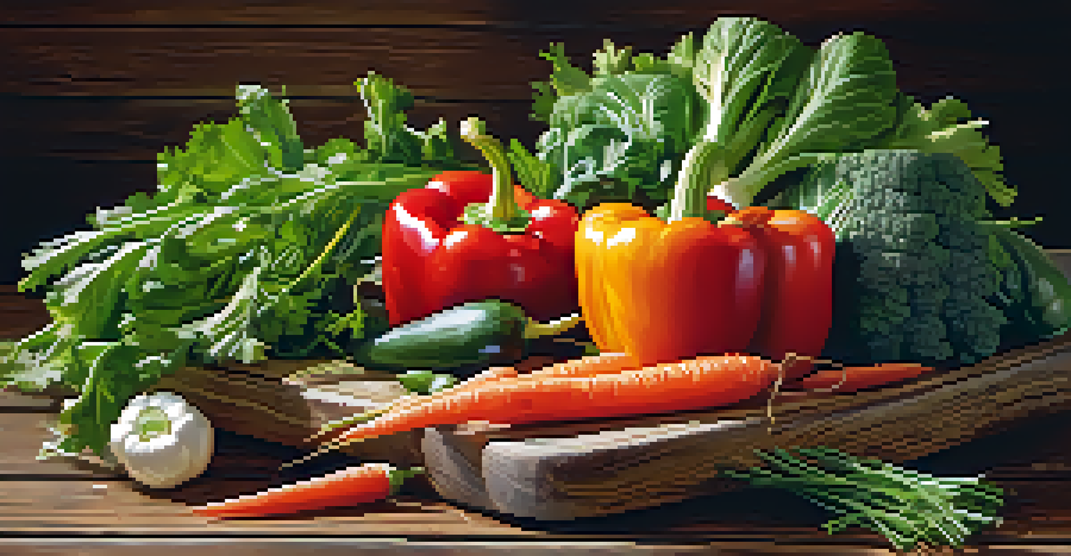 A close-up view of fresh organic vegetables on a rustic wooden table, showcasing their vibrant colors.