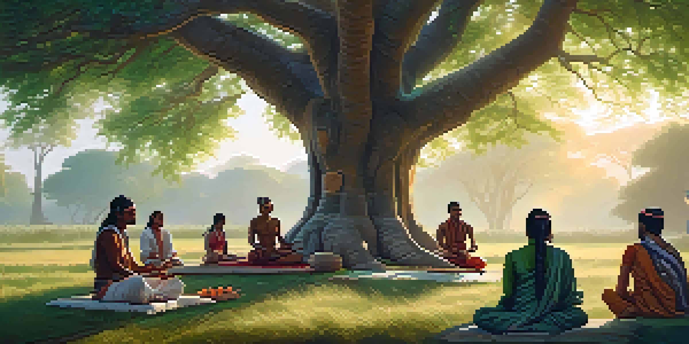 A peaceful scene of individuals meditating under a banyan tree in an ancient Indian landscape, highlighting themes of compassion and non-violence.