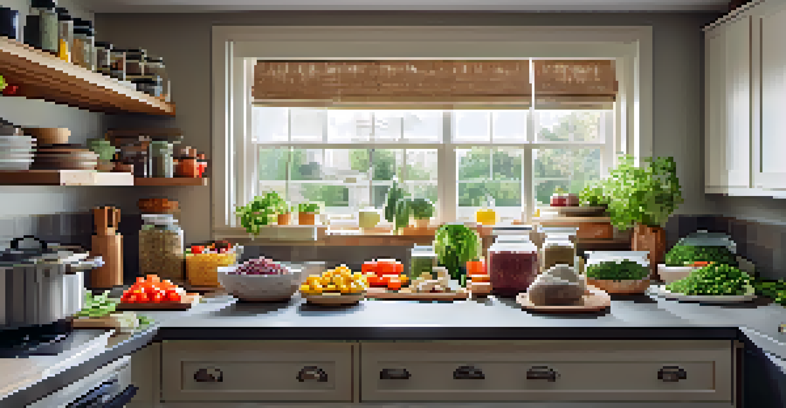 A kitchen countertop with meal prep containers filled with vegetarian ingredients and colorful produce.