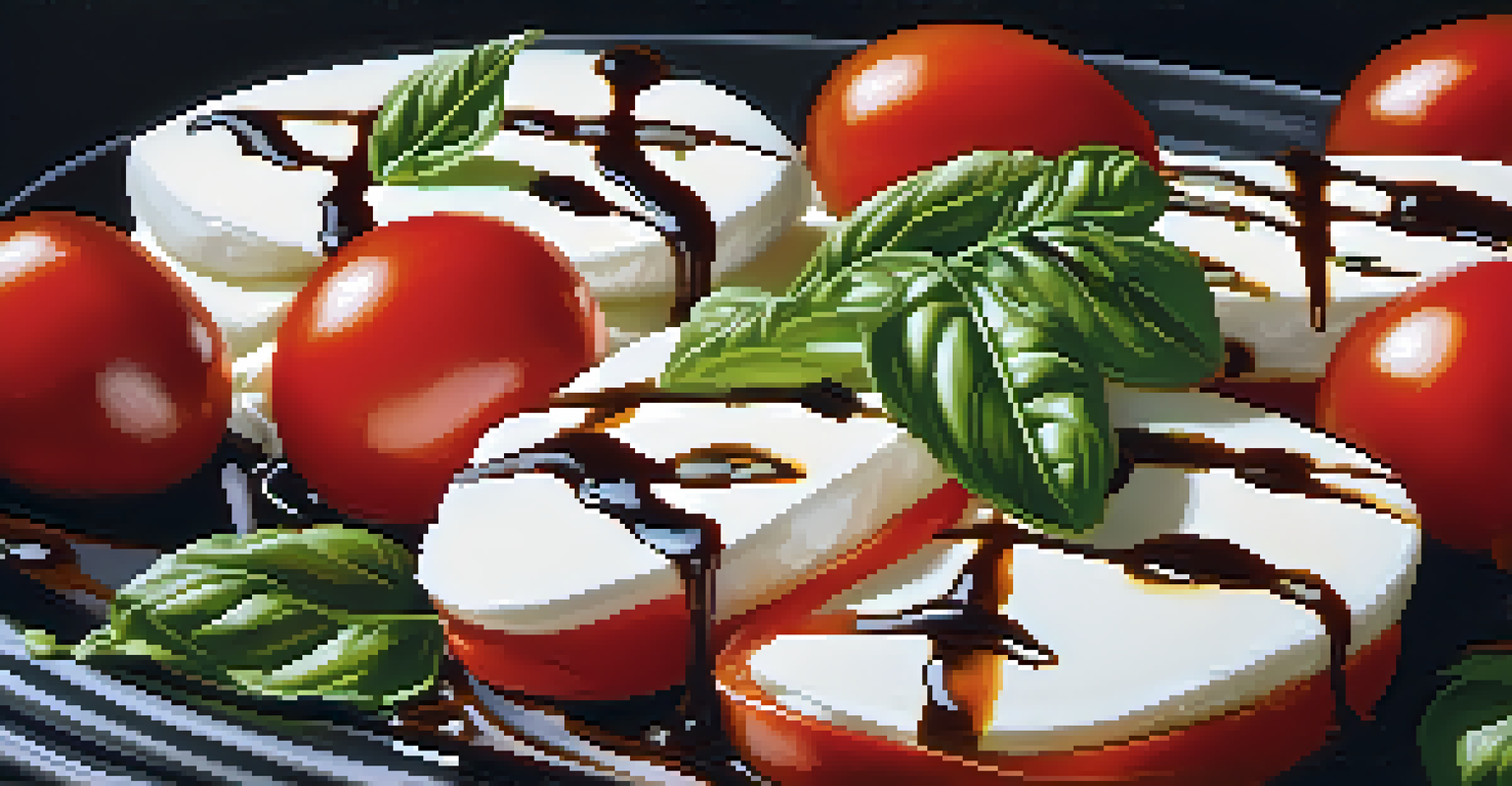 Close-up of a Caprese salad with tomatoes, basil, and mozzarella on a dark slate background, drizzled with olive oil and balsamic glaze.