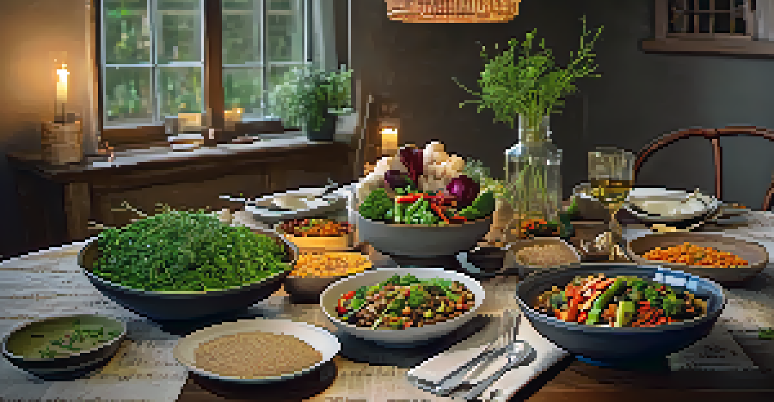 A cozy dining table set with a bowl of vegetable stir-fry, bowls of quinoa, and decorated with a rustic tablecloth and candlelight.