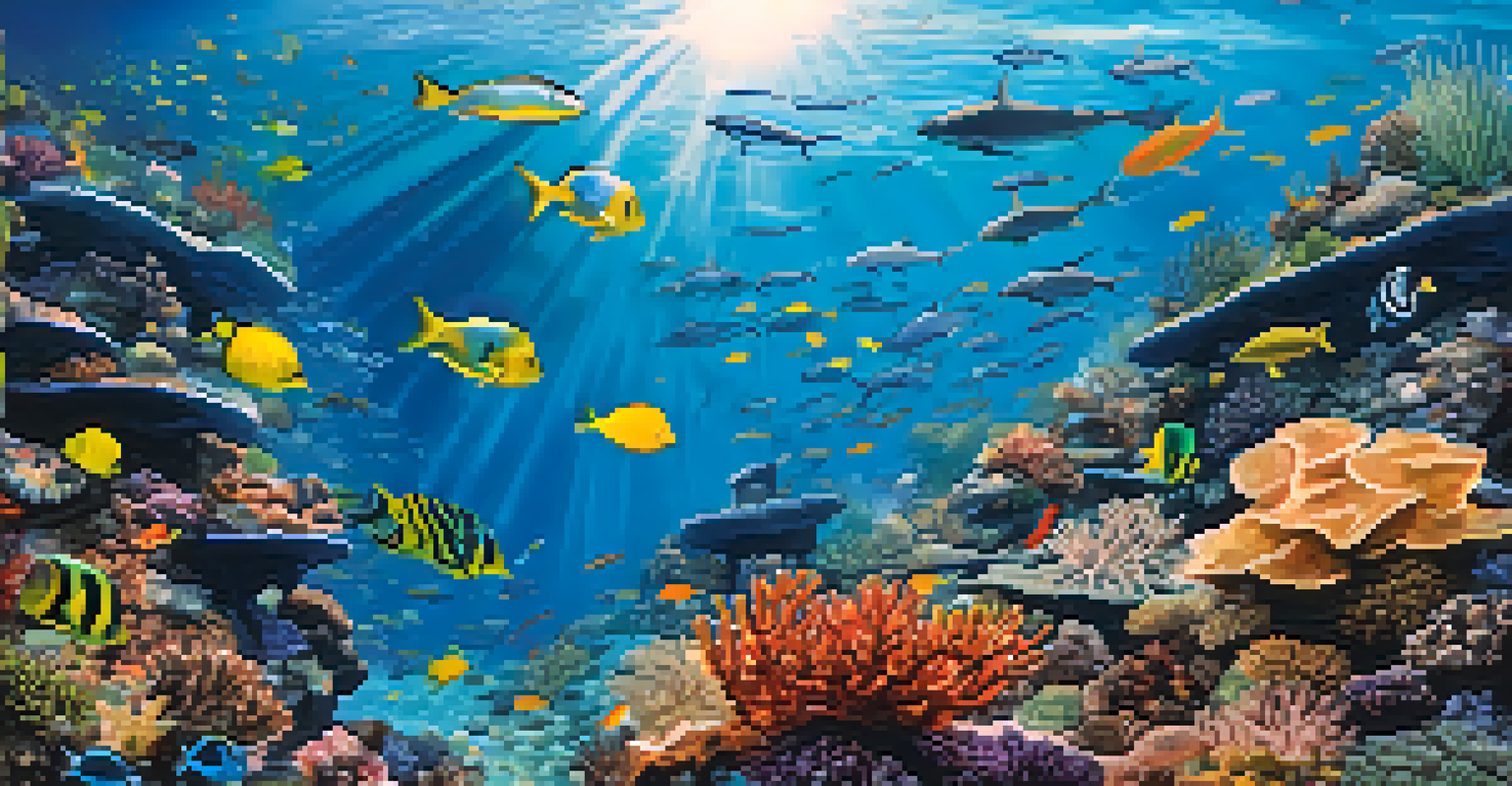 A colorful coral reef with various fish and marine life swimming around.