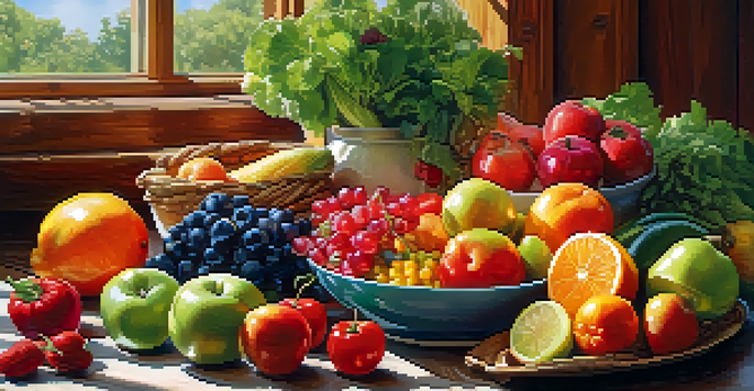 A colorful assortment of fresh fruits and vegetables on a wooden table, illuminated by sunlight.