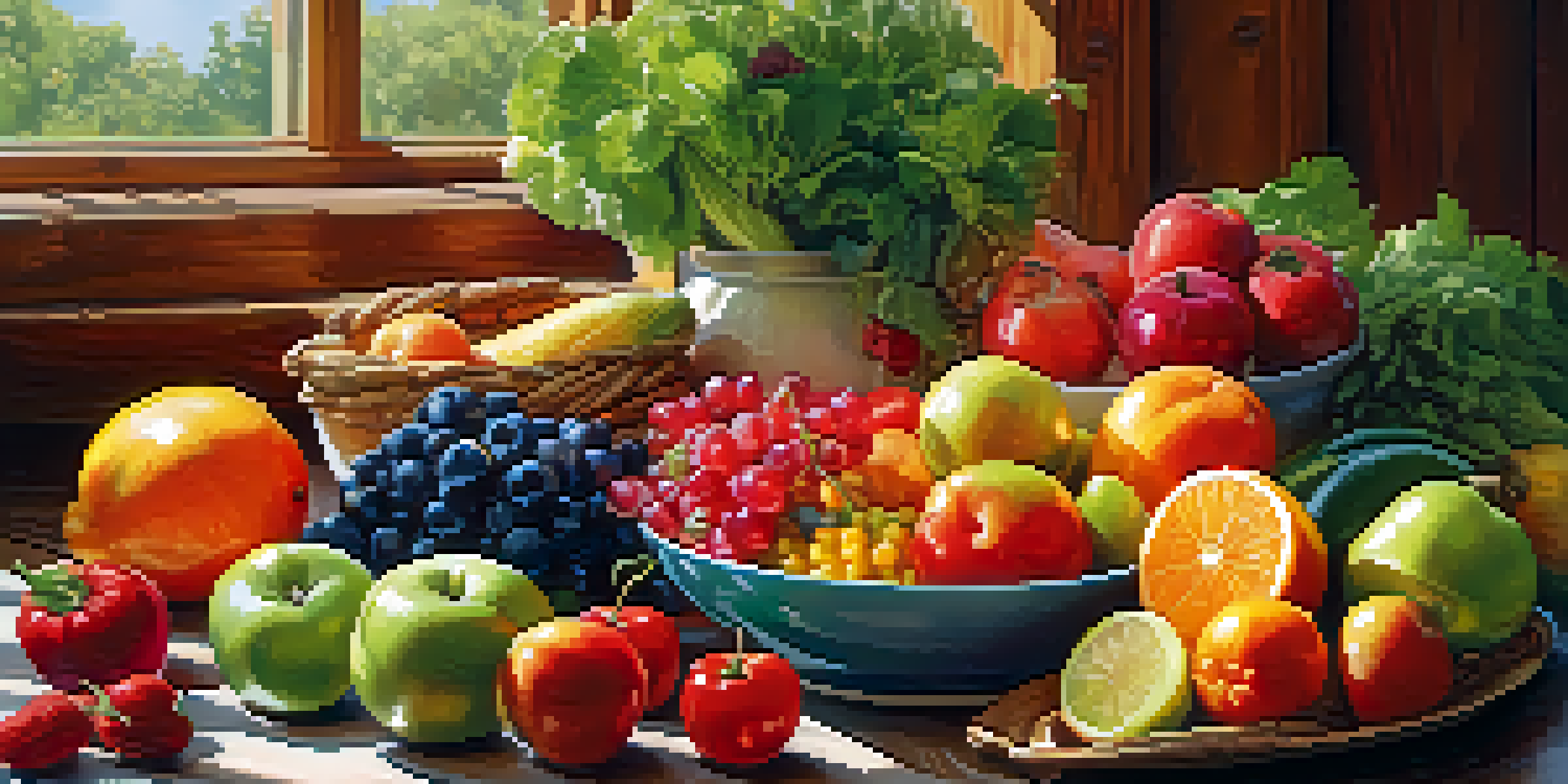 A colorful assortment of fresh fruits and vegetables on a wooden table, illuminated by sunlight.