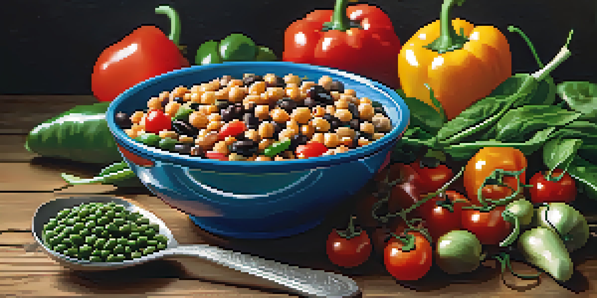 A colorful bowl filled with various legumes and fresh vegetables on a wooden table with natural light.