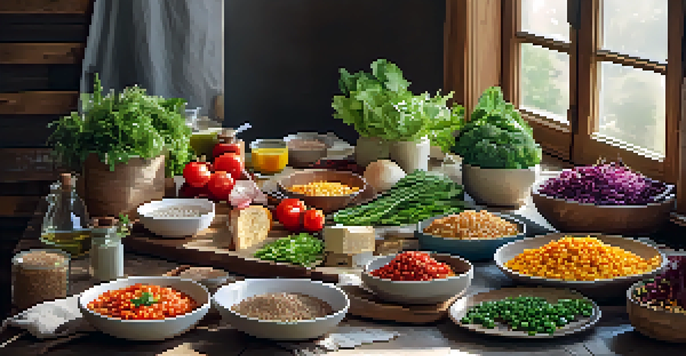 A table with various colorful plant-based ingredients and meal kit components arranged neatly, illuminated by natural sunlight.