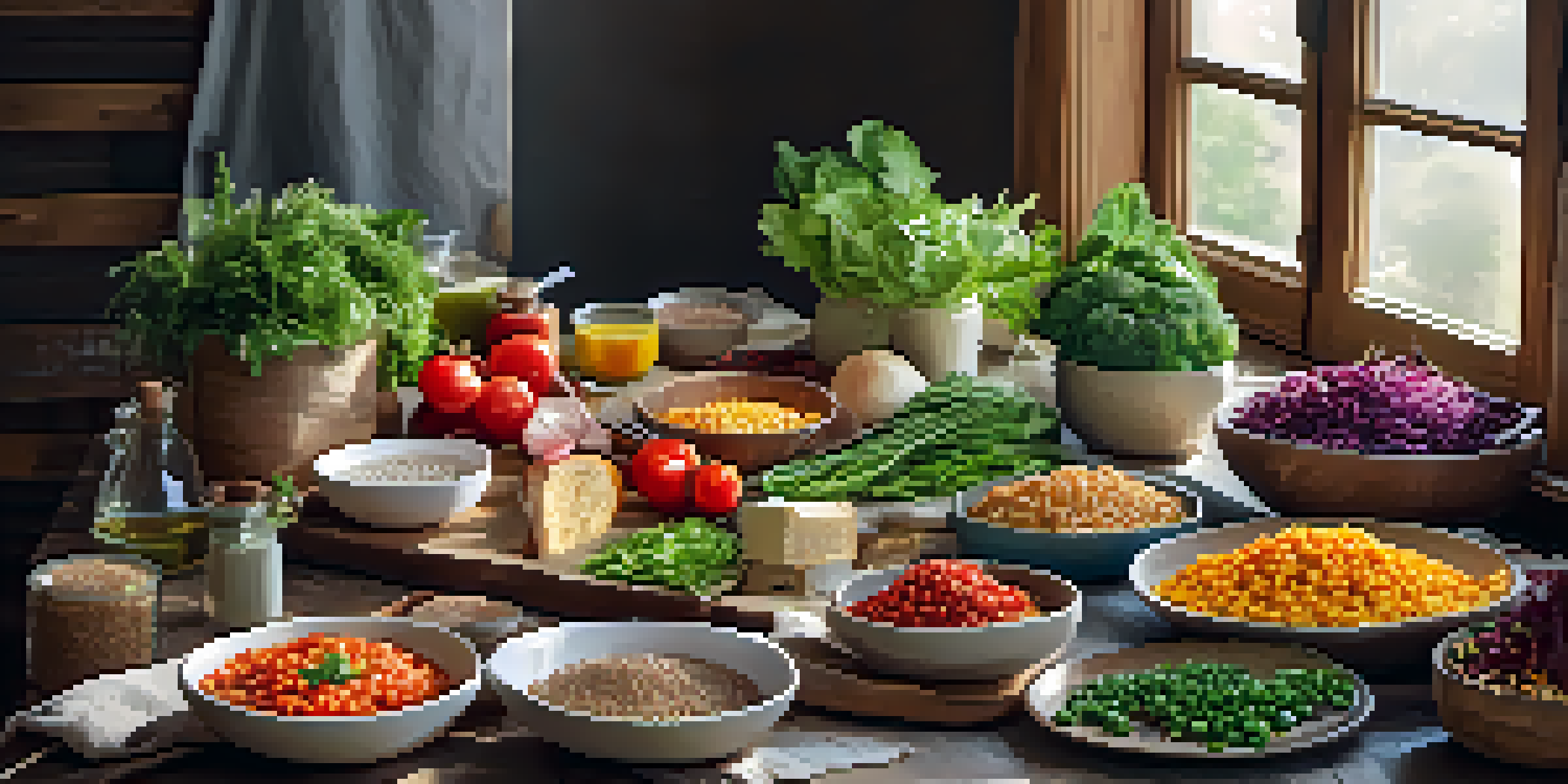 A table with various colorful plant-based ingredients and meal kit components arranged neatly, illuminated by natural sunlight.